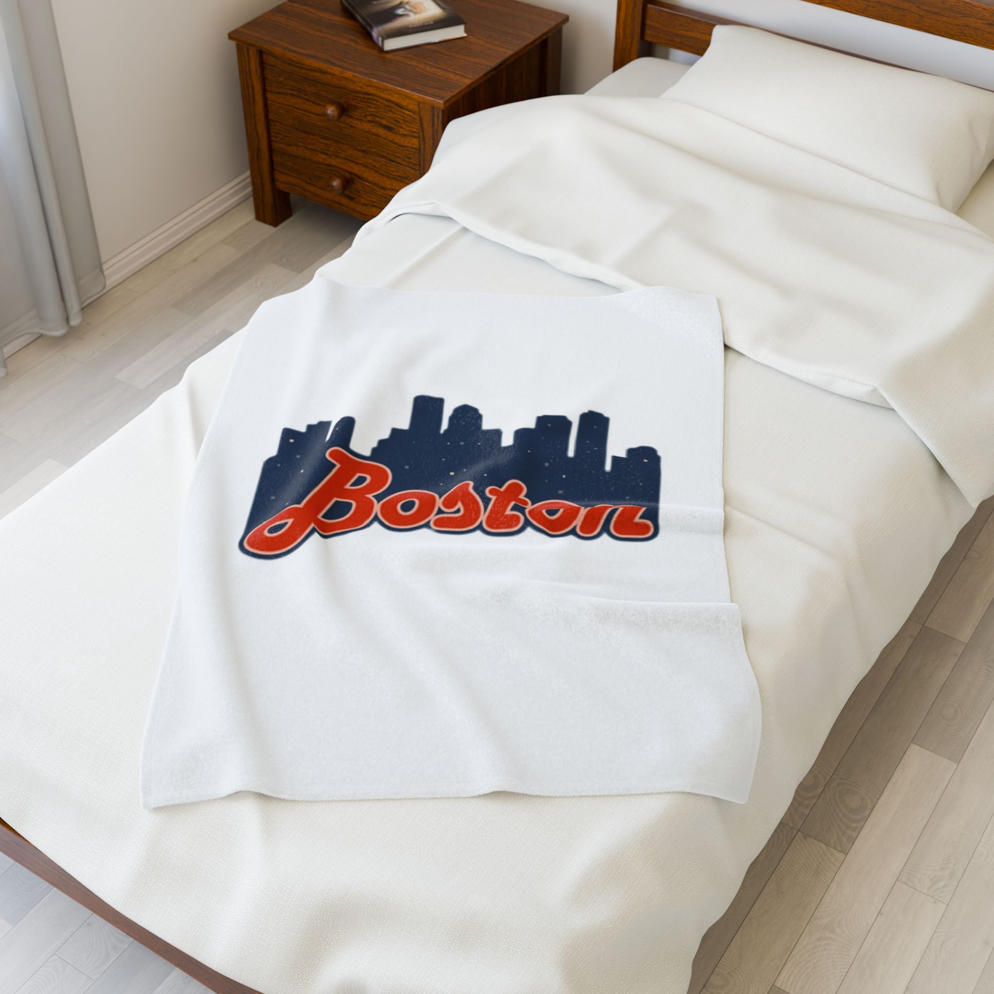Boston Skyline Velveteen Plush Blanket — Cozy City Throw with 'Boston' Script