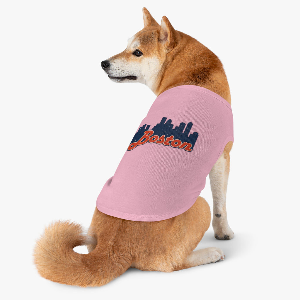 Boston Skyline Pet Tank Top - Navy Dog Shirt with Retro Script