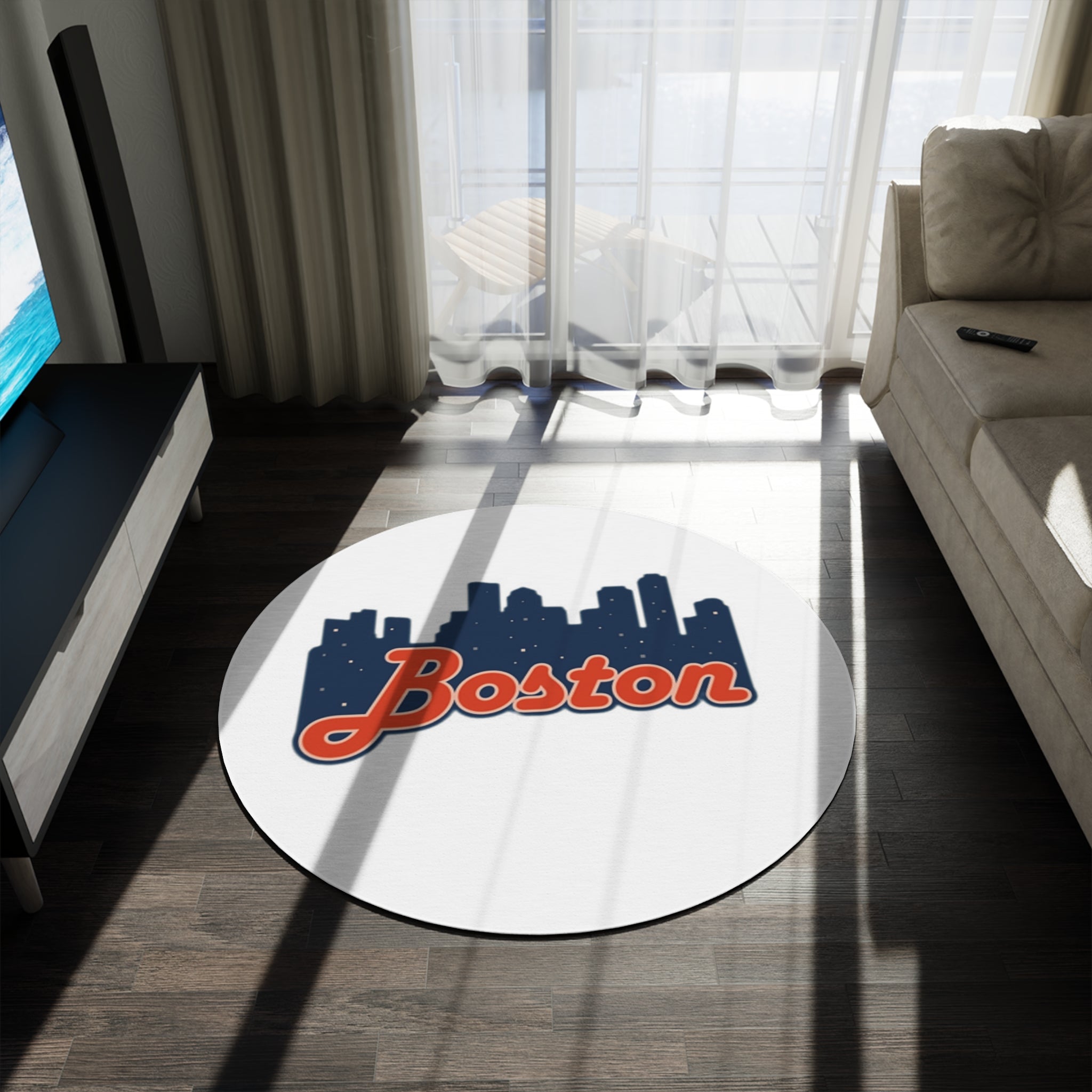 Boston Skyline Round Rug — Retro Script Cityscape Floor Mat