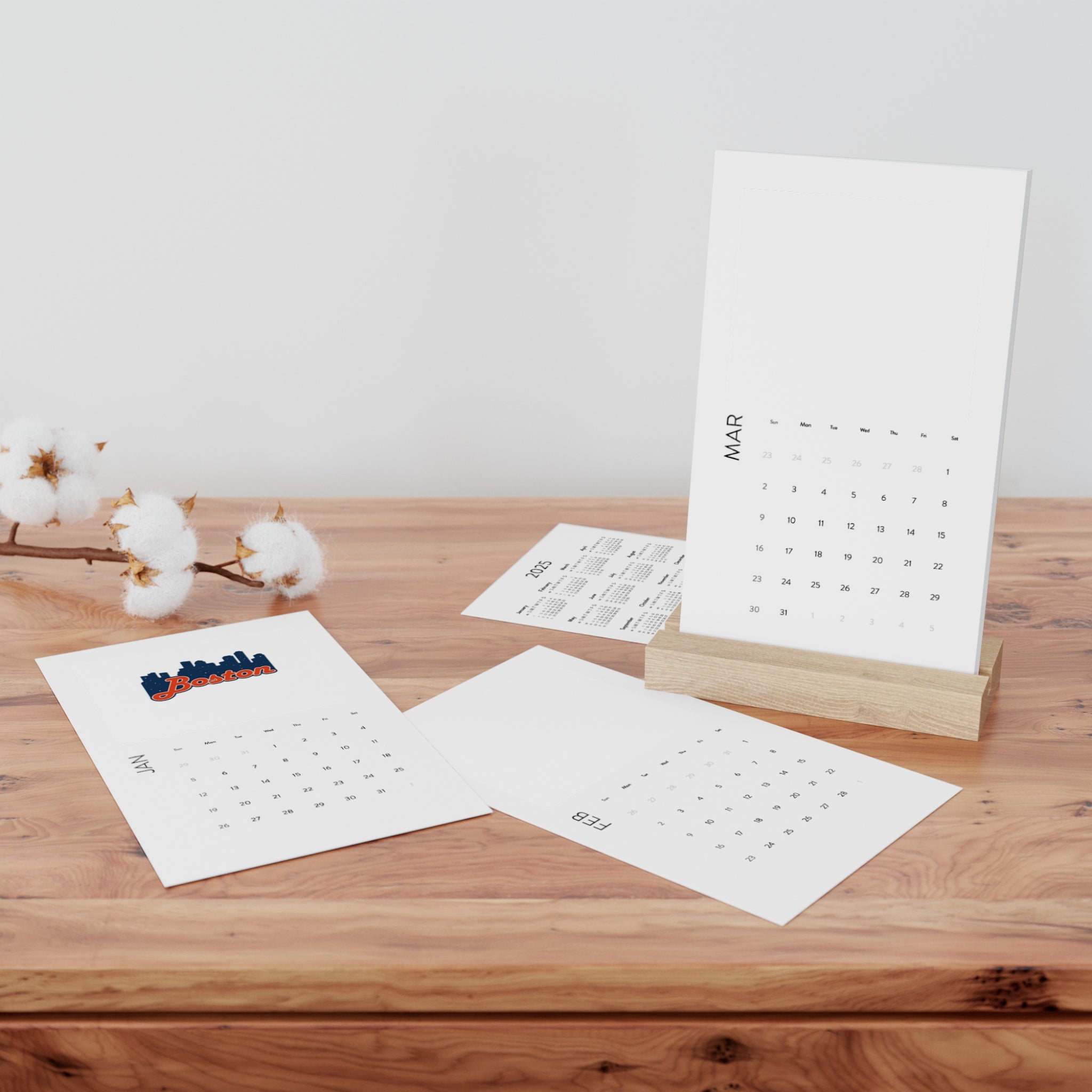 Boston Skyline Vertical Desk Calendar 2025 — Minimal Wooden Stand