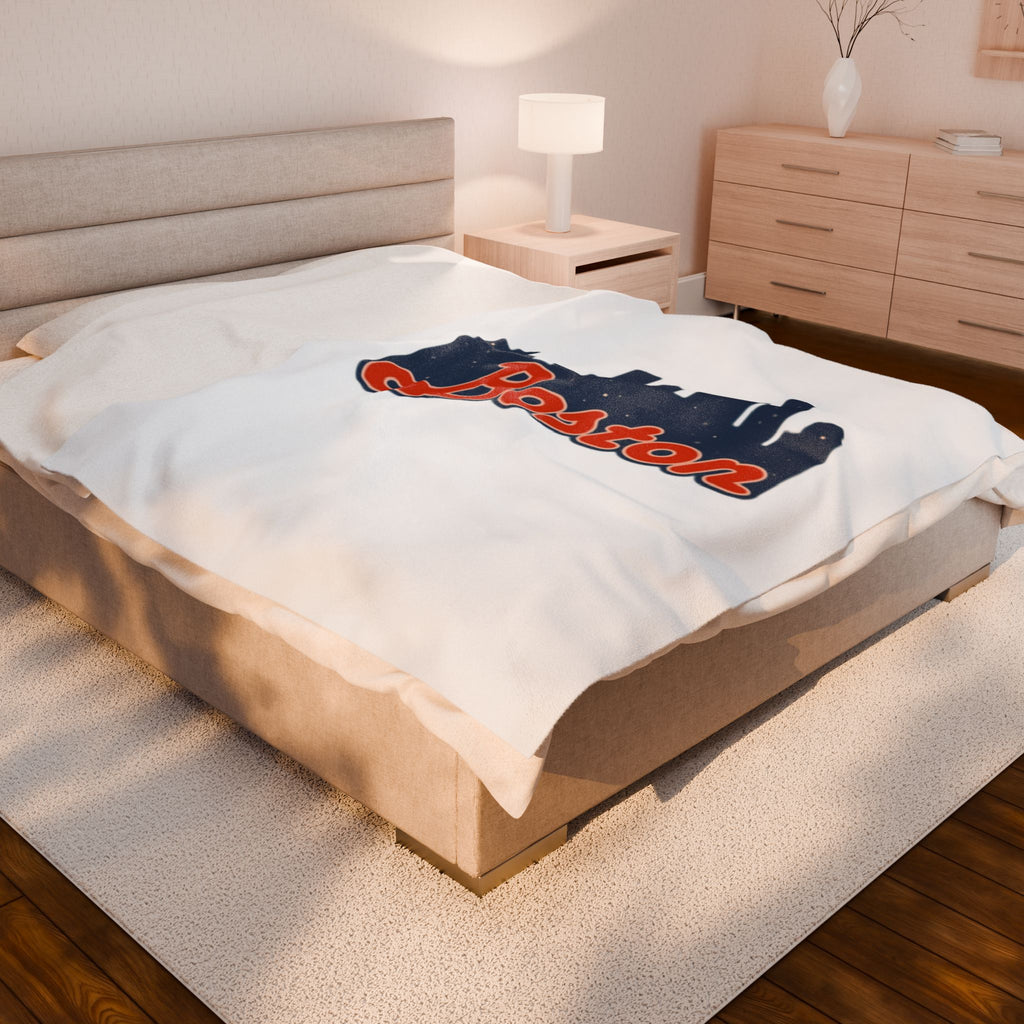 Boston Skyline Velveteen Plush Blanket — Cozy City Throw with 'Boston' Script