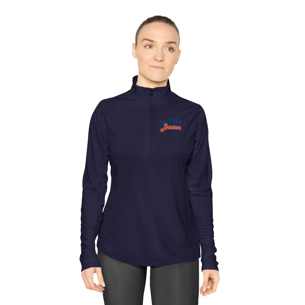 Ladies Quarter-Zip Pullover — Retro Script Skyline Logo