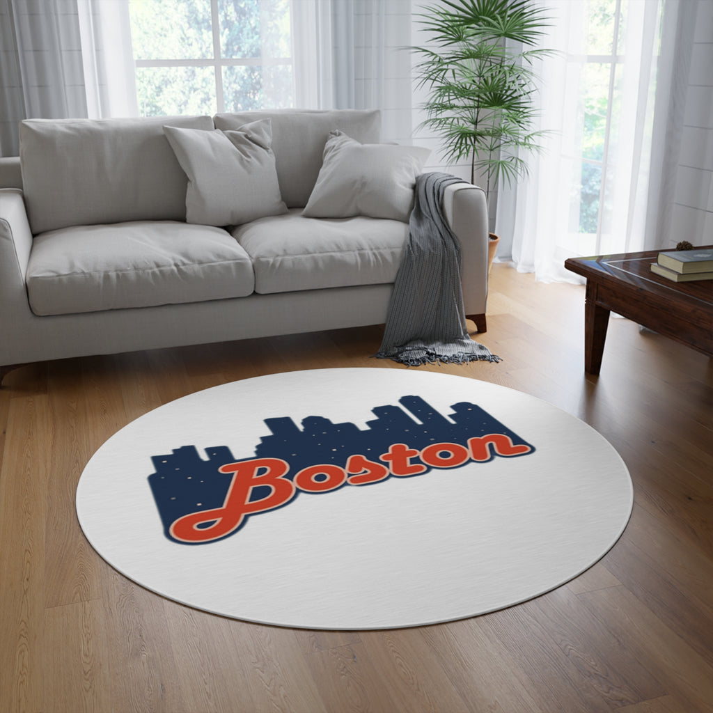 Boston Skyline Round Rug — Retro Script Cityscape Floor Mat