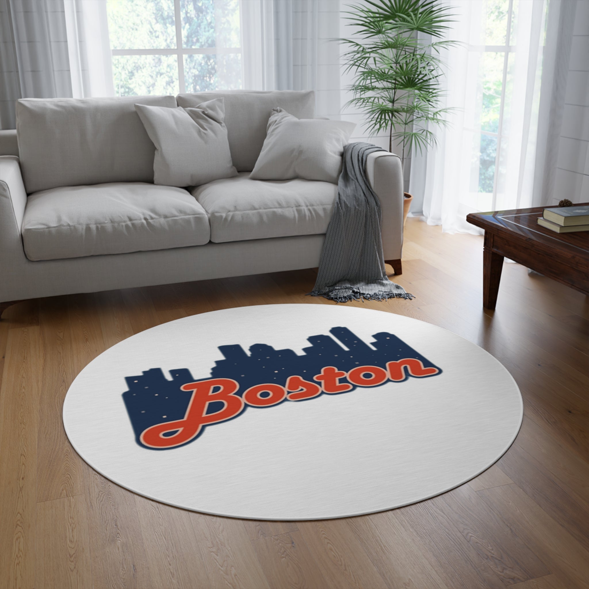 Boston Skyline Round Rug — Retro Script Cityscape Floor Mat
