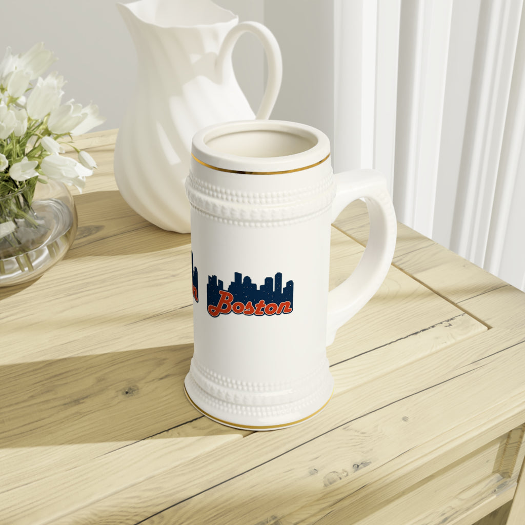 Boston Skyline Stein Mug — Retro Script Cityscape Ceramic Beer Stein