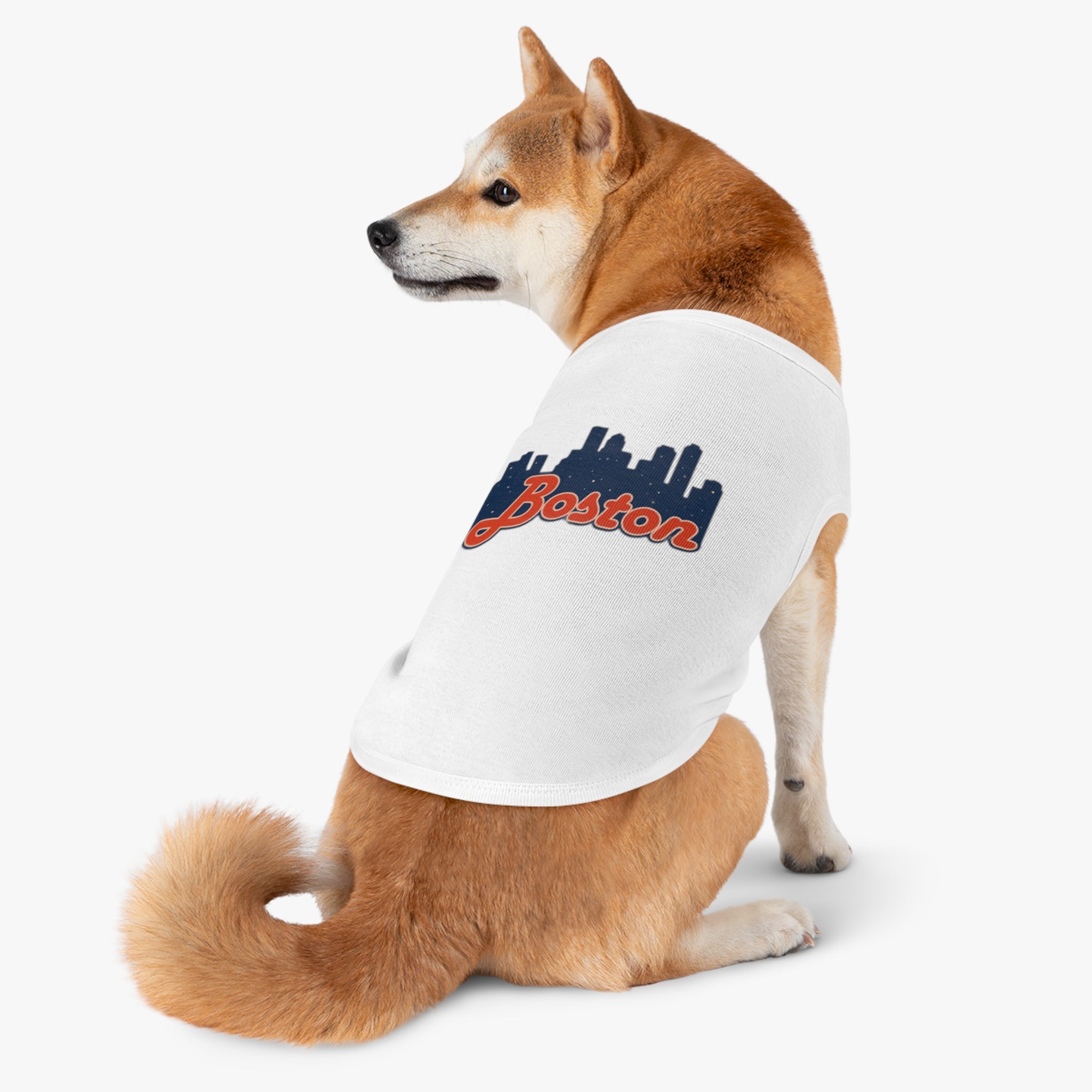 Boston Skyline Pet Tank Top - Navy Dog Shirt with Retro Script