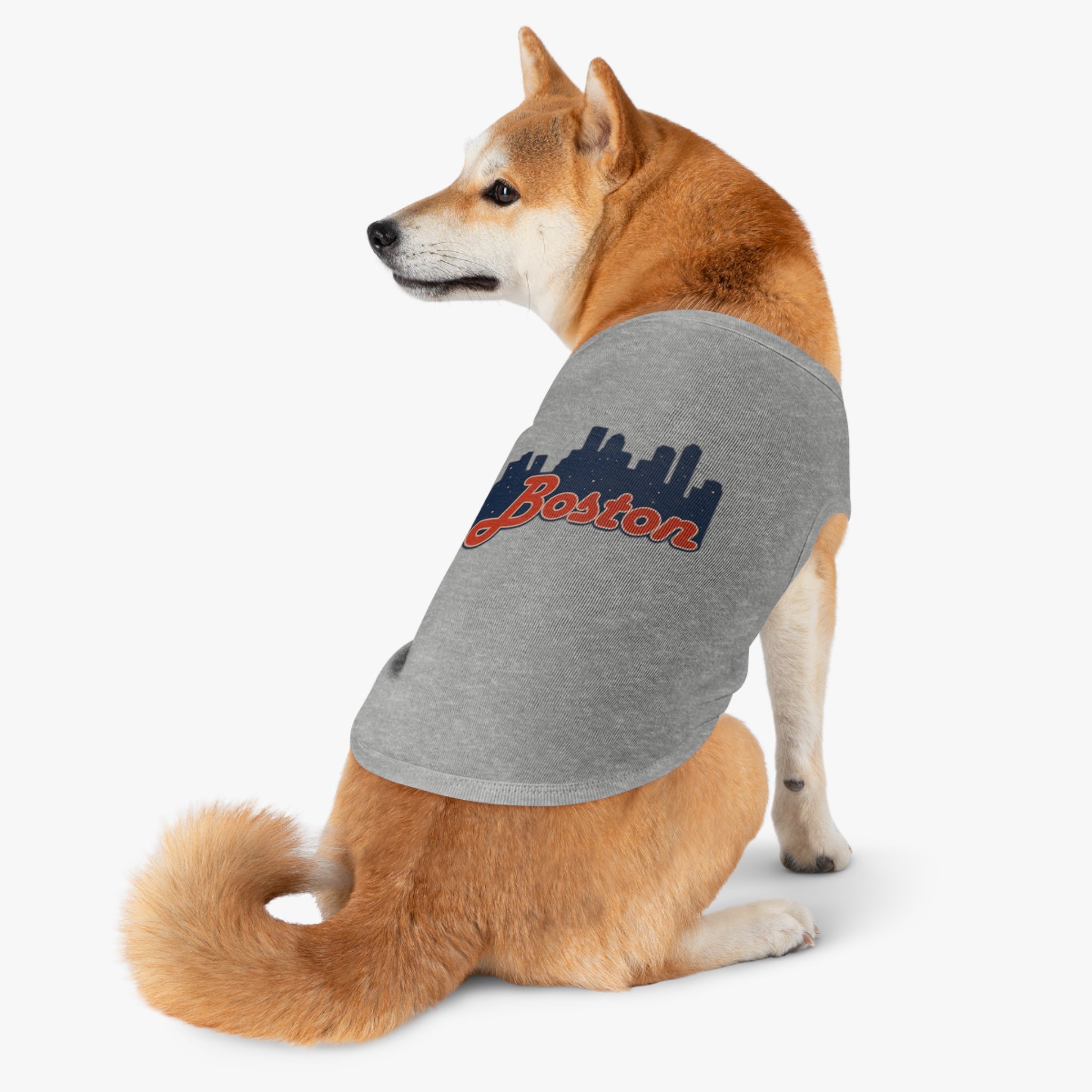 Boston Skyline Pet Tank Top - Navy Dog Shirt with Retro Script