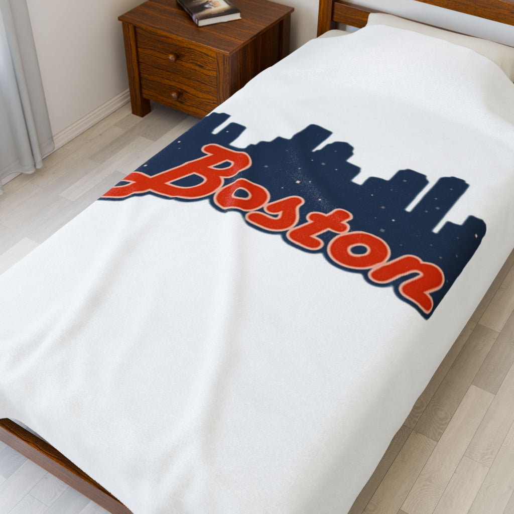 Boston Skyline Velveteen Plush Blanket — Cozy City Throw with 'Boston' Script